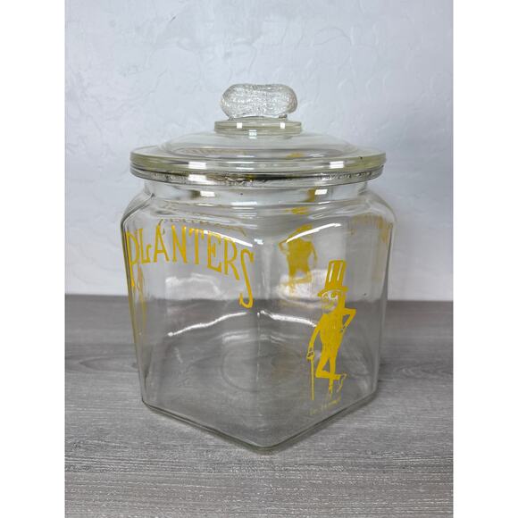Vintage Planters Hexagonal Yellow Mr Peanut Glass Counter Jar with Peanut Lid - Picture 1 of 8